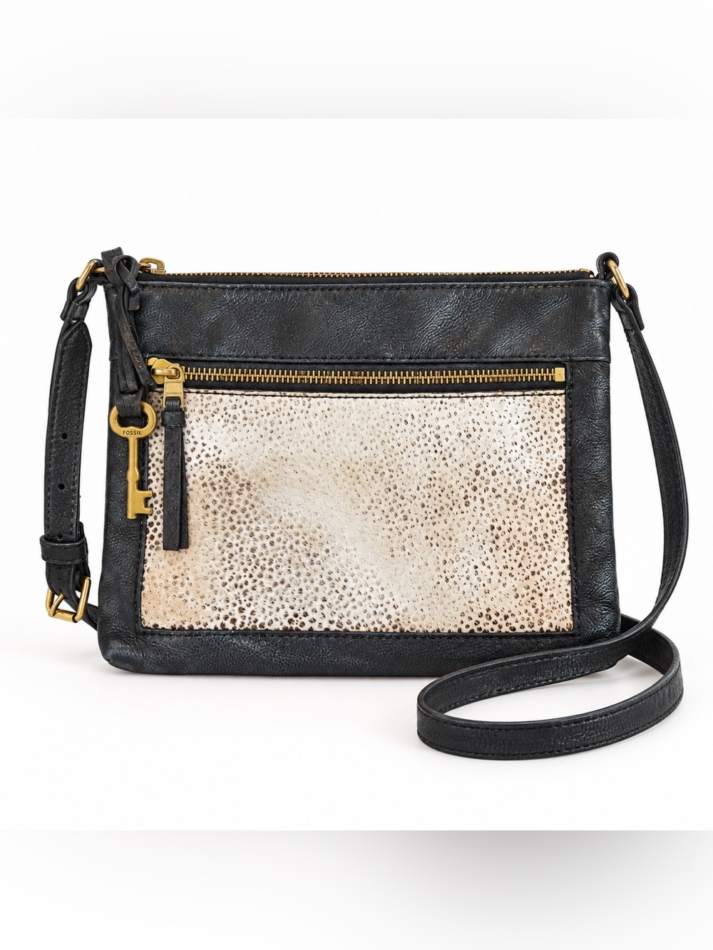Fossil Fiona Black Leather Animal Print Crossbody Bag Gold Key Charm